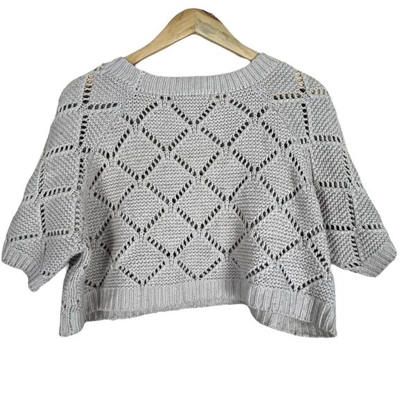 Forever 21 Open Knit Sweater Womens M Cream Cropped Diamond Boho Coastal Cowgirl - Picture 3 of 4